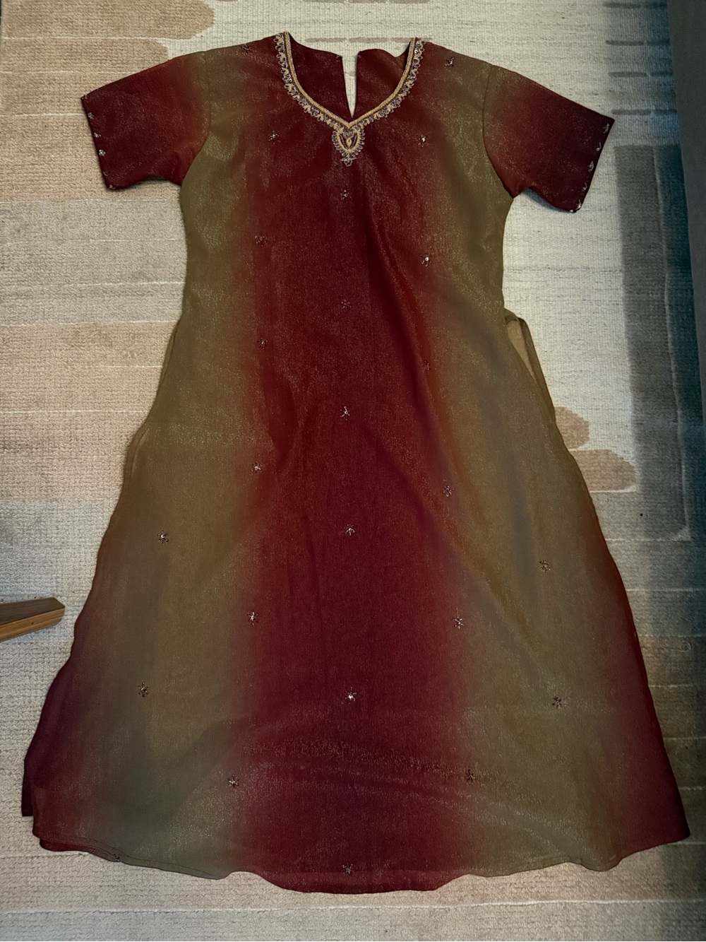 Indian Kurta Top - Maroon Olive Ombré Embroidered Beaded - Sz M
